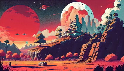Fantasy landscape, Beautiful orange sunset over the mountains. Digital art illustration generative AI