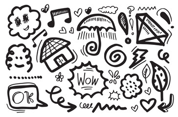 Hand drawn flower, heart, cloud, sunburst, diamond, umbrella, thunderbolt for concept design.