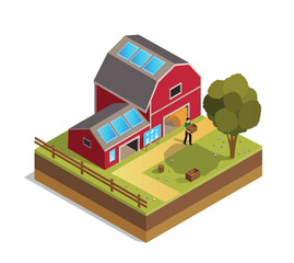 Farm barn concept. Farmer cleans wheat in barn, food storage, feeds domestic animals, cows and horses. Poster or banner for website. Cartoon isometric vector illustration