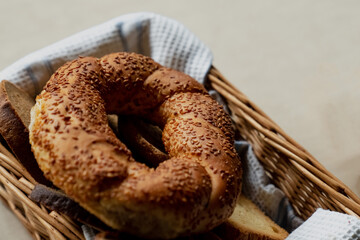 Bread products, simit bun in a wicker basket