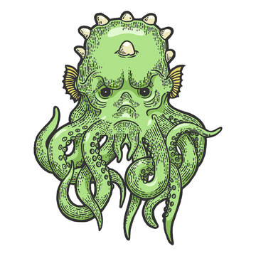Cthulhu myth creature sketch engraving PNG illustration with transparent background
