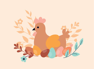 Easter boho chicken with eggs. Symbol of spring season, culture, religion and traditions. Poster or banner for website. Flora and fauna, foliage and branch. Cartoon flat vector illustration