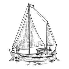 Vintage sailing yacht boat sketch engraving PNG illustration with transparent background