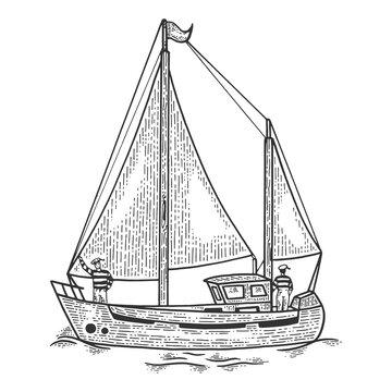 Vintage sailing yacht boat sketch engraving PNG illustration with transparent background