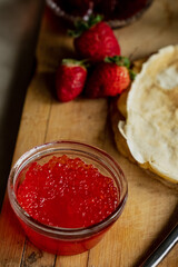 Pancake with red caviar for breakfast, a cup of tea