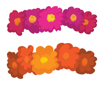 Set with pair of fuchsia and orange arrangement of flowers, Vector illustration