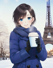 A beautiful girl with a cup of coffee walks around Paris. Winter. Anime style. AI generated image