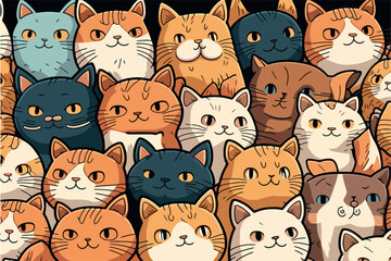 A large group of cats with different colors. Cartoon cat characters seamless pattern.