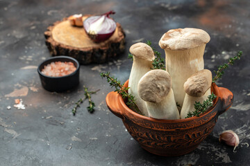 Fresh King Oyster Mushroom, Pleurotus eryngii on a dark background, banner, menu, recipe place for text