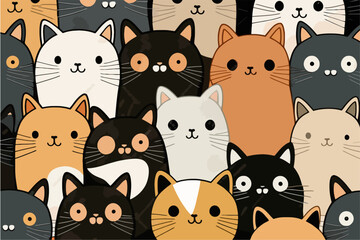 A large group of cats with different colors. Cartoon cat characters seamless pattern.