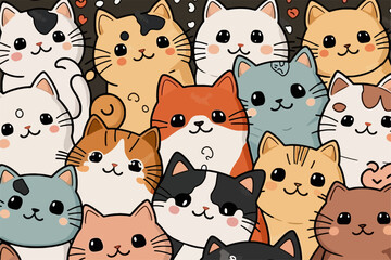 A large group of cats with different colors. Cartoon cat characters seamless pattern.