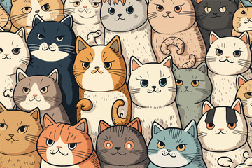 A large group of cats with different colors. Cartoon cat characters seamless pattern.