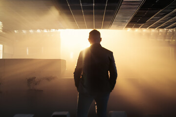 Fototapeta premium Man on a terrace looking at the sun