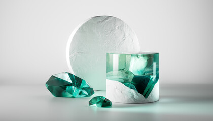 3d render abstract podium on white background. Gem stones pedestal for product design display. Isolated crystals. Empty showcase promotion mock up. Minimal blue transparent green emerald round stage.