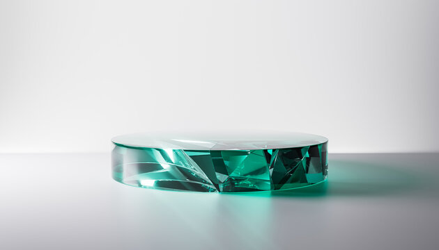 3d render abstract podium on white background. Gem stones pedestal for product design display. Isolated crystals. Empty showcase promotion mock up. Minimal blue transparent green emerald round stage.