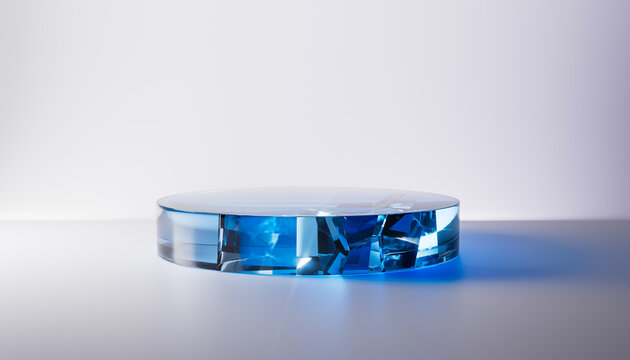 3d render abstract podium on white background. Gem stones pedestal for product design display. Isolated ice crystals. Empty showcase promotion mock up. Minimal blue transparent glass round stage.