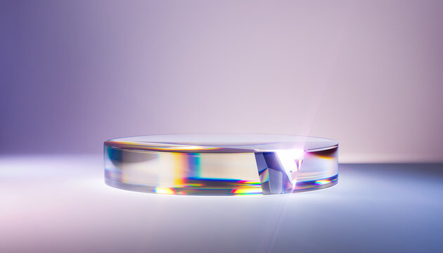 3d render abstract podium on white background. Gem stones pedestal for product design display. Isolated crystals. Empty showcase promotion mock up. Minimal iridescent transparent glass round stage.