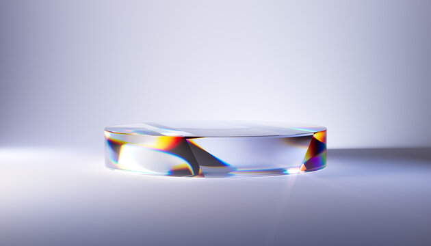 3d render abstract podium on white background. Gem stones pedestal for product design display. Isolated crystals. Empty showcase promotion mock up. Minimal iridescent transparent glass round stage.