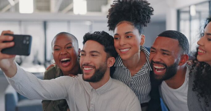 Team, happy or business people take a selfie for company profile picture update or social media online. Friends, photo or excited employees with collaboration, diversity or teamwork in an office