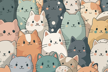 A large group of cats with different colors. Cartoon cat characters seamless pattern.