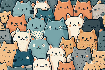 A large group of cats with different colors. Cartoon cat characters seamless pattern.