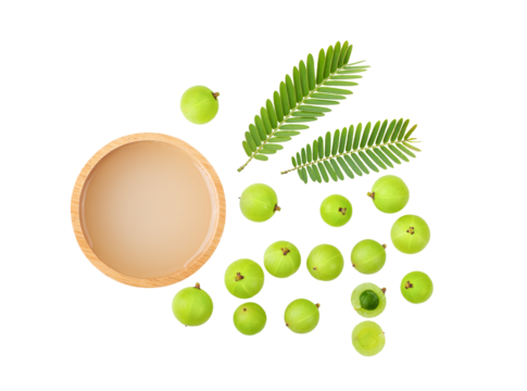 Indian gooseberry with leaf and juice on transparent png