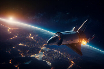 Obraz premium Spaceship flying over the earth. Space flights. View of the setting sun and the ground illuminated by street lights. Stars in the dark sky. Generative AI.
