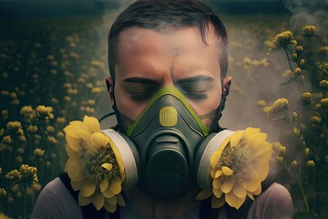 Spring allergy to pollen conceptual illustration. A man with gas mask and flowers. Generative AI. - obrazy, fototapety, plakaty