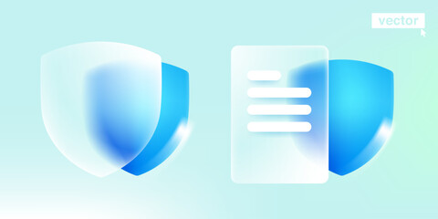 Blue shield and document. Web site protection icon in glassmorphism style with gradient, blur, and transparency.