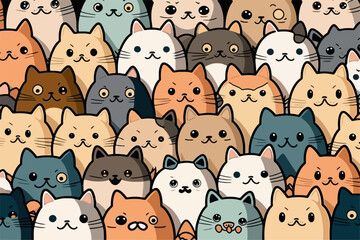 A large group of cats with different colors. Cartoon cat characters seamless pattern.