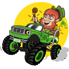 St Patricks Day Leprechaun Riding Monster Truck Cartoon © GeertJan