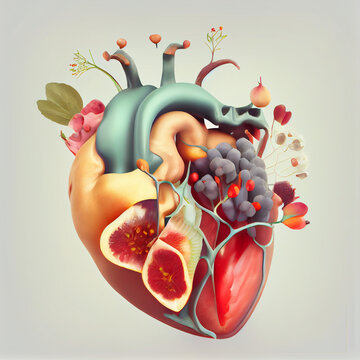 Human heart, colorful natural flowers, fruits, love, emotion, good hearted person, help, charity, Generative AI