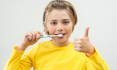 Teenager Boy Brush Teeth Child Looking At Camera Over White Background , Dentistry, Stomatology, Dental Care Hygiene With Toothbrush Toothpaste, Morning Evening Routine, Lifestyle, Health Care.