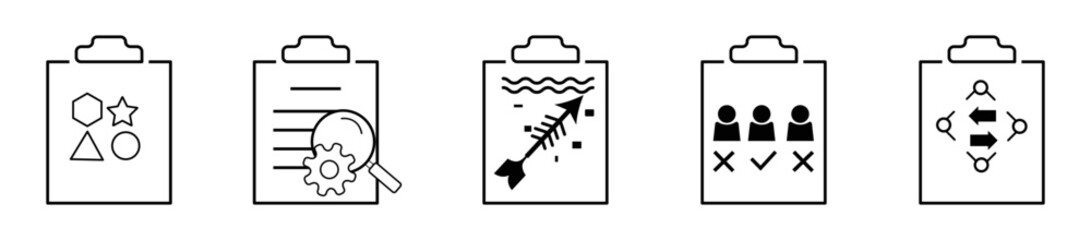 Clipboard, checklist, report, survey or agreement، outline icons set isolated، vector illustration.