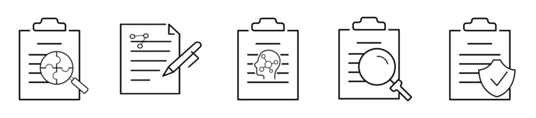 Clipboard, checklist, report, survey or agreement، outline icons set isolated، vector illustration.