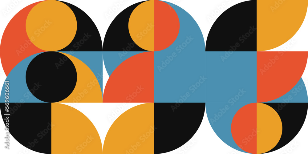 Poster Geometric abstract vector seamless pattern with circles, rectangles and squares in retro Bauhaus style. Pastel colored simple shapes graphic background.
