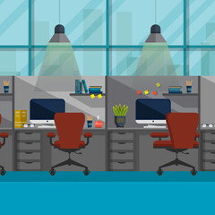 Office interior. Design of modern office designer workplace. Creative office workspace with desktop, modern monitor, furniture in interior. Vector illustration in flat minimal design, website banner