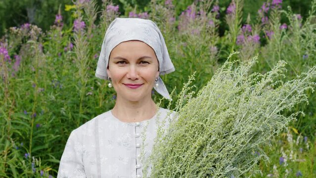Village woman holds armful of wormwood in hands, looking into camera. Close up portrait of farm girl with wermout among tall grasses. Attractive lady keeps absinthium herbs near wildflowers