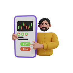 Male trader pointing buy button at stock market chart 3D Illustration