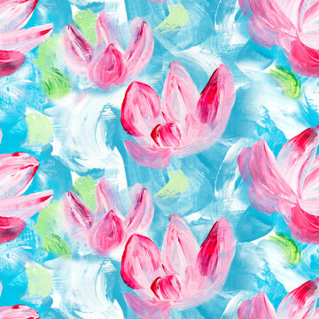 Seamless pattern abstract pink  flowers, art painting, creative hand painted background, brush texture, acrylic painting.