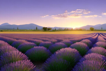 Fototapeta na wymiar Beautiful lavender field, sunset. AI generated.