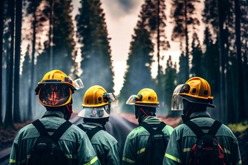 Fototapeta premium Fictional people, Group of forest firefighters in smoke and fire accident, with special helmets, back to camera, AI generated