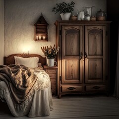 A room with a wooden cupboard.