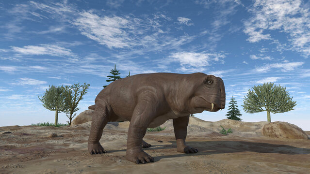 Lystrosaurus in a landscape from the Triassic period