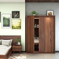 A room with a wooden cupboard.