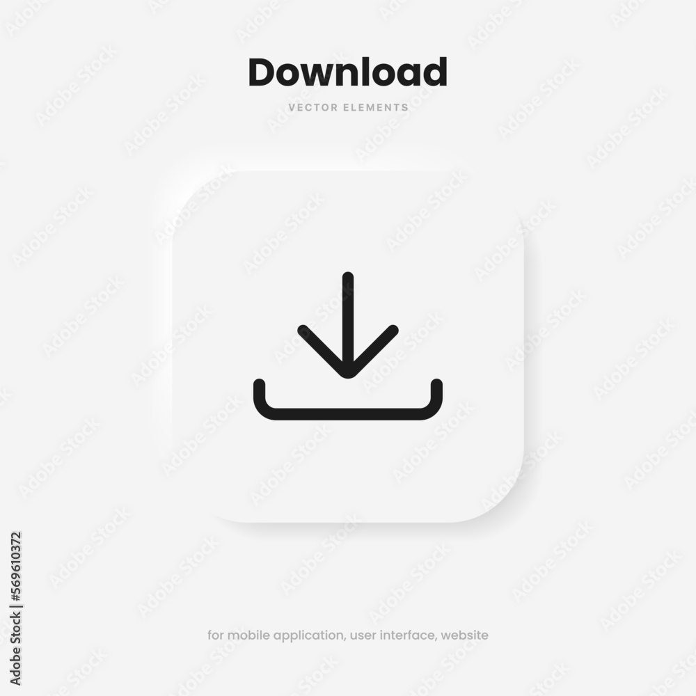 Poster 3D download button icon. Upload icon. Down arrow bottom side symbol. Click here button. Save cloud icon push button for UI UX, website, mobile application.