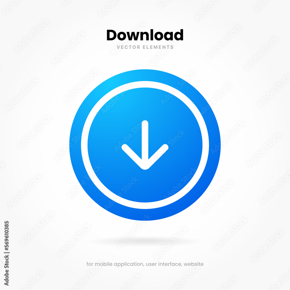 Poster 3D blue download button icon. Upload icon. Down arrow bottom side symbol. Click here button. Save cloud icon push button for UI UX, website, mobile application.