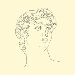 David sculpture. Greek sculpture. David's head, michelangelo sculpture, hand drawn, line, flat, boho colors, vector