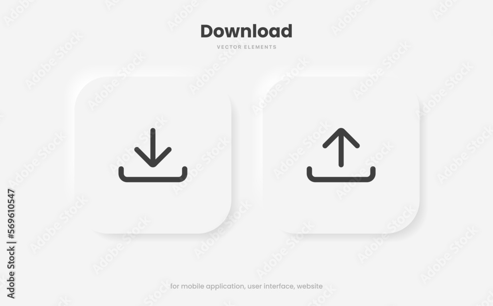 Leinwandbilder 3D black download upload button icon. Upload icon. Down arrow bottom side symbol. Click here button. Save cloud icon push button for UI UX, website, mobile application.