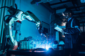 Specialist robotic engineers maintenance and control robot arm in factory warehouse, Testing new...